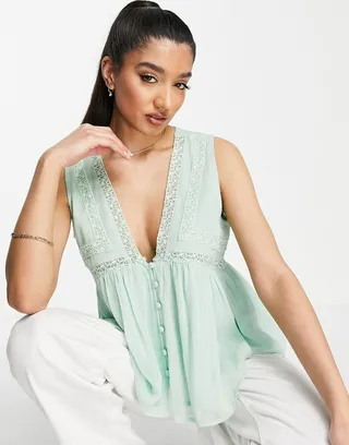 ASOS DESIGN button up smock vest with lace insert in sage green