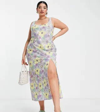 ASOS DESIGN Curve linen scoop neck maxi sundress with split in retro floral