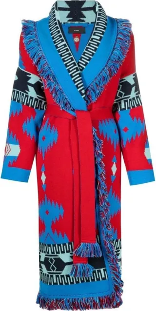Blue Intarsia Knit Belted Wool Coat