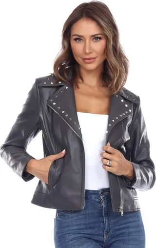 PU Faux Leather Jacket Grey Small - White Mark