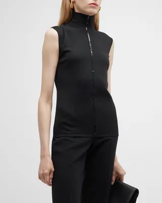Sleeveless Cashmere-Silk Sequin Mock-Neck Top