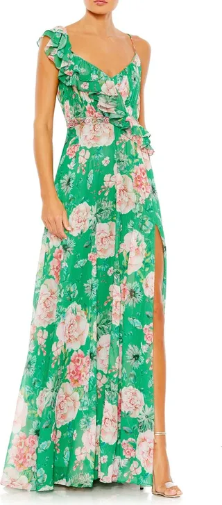 Floral Ruffle Wrap Bodice Crinkle Chiffon Gown