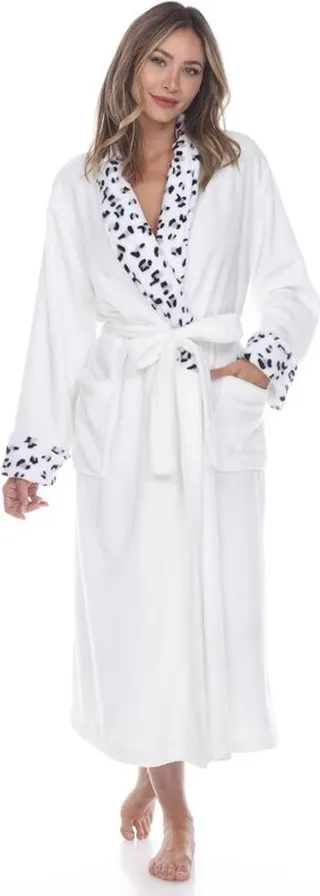 White Mark Women's Leopard Print Cozy Lounge Robe - White