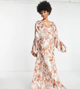 ASOS DESIGN Tall satin stripe blouson maxi dress with ring detail in floral print