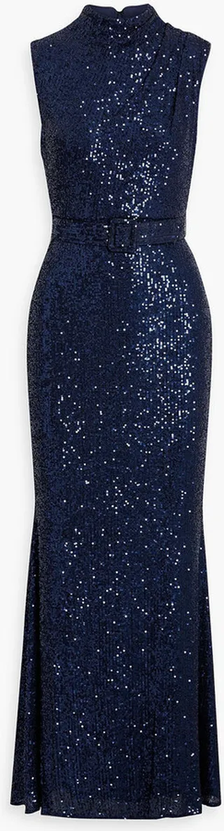 Belted sequined tulle gown