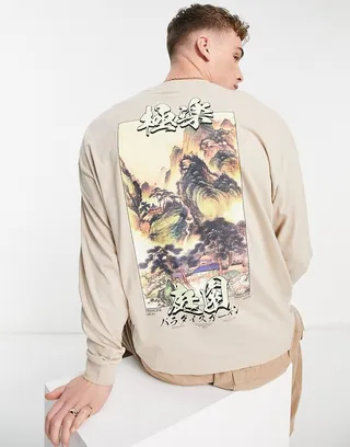 ASOS DESIGN oversized long sleeve t-shirt with scenic print in beige