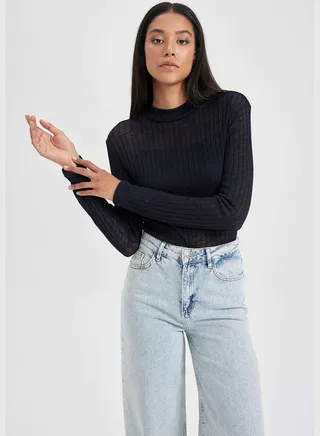 Woman Slim Fit Mock Neck Knitted Long Sleeve T-Shirt