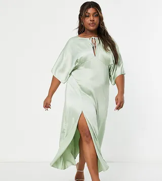 ASOS DESIGN Curve paneled satin midi dress with keyhole in sage green