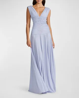Deep V-Neck Ruched Jersey Gown
