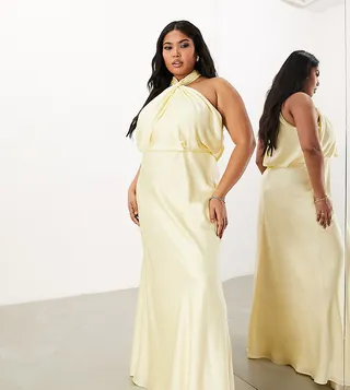 ASOS EDITION Curve satin ruched halter neck maxi dress in lemon