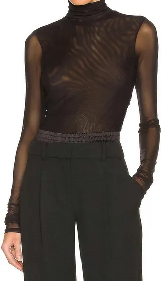 Shirred Mesh Turtleneck Top in Black