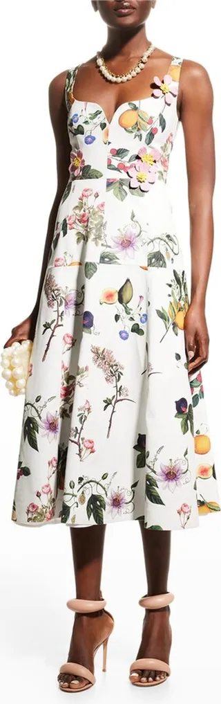 Botanical-Print Flower-Applique Leather Midi Dress