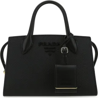 Handbag realized in Saffiano leather enriched by tonal metal lettering logo at the front and detachable tonal leather accessory.