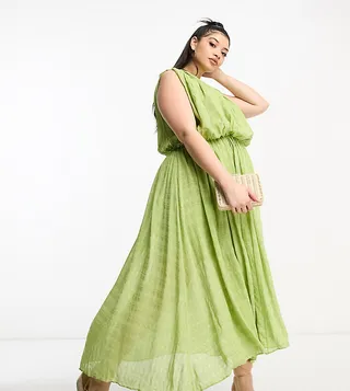 ASOS DESIGN Curve gathered textured high low midi dress in pistachio
