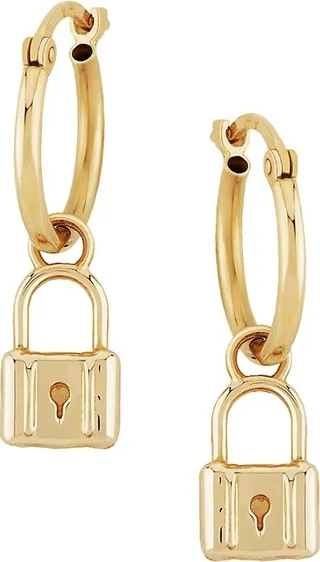 14K Yellow Gold Lock Drop Earrings