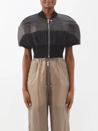 Cropped Leather And Silk Cocoon Bomber Jacket