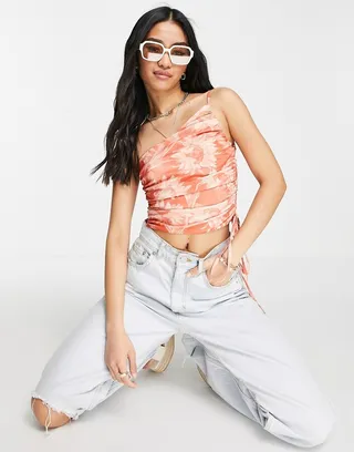 ASOS DESIGN one shoulder cami with lace up side in sunflower print