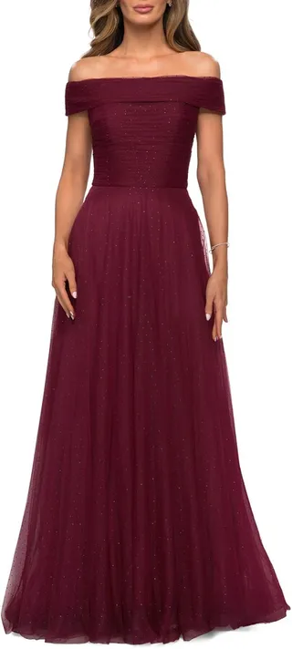 Embellished Off the Shoulder Mesh Gown
