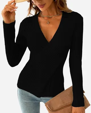 Women's Ribbed Surplice Wrap Sweater - Cupshe-S-Black