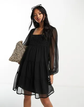 ASOS DESIGN crosshatch square neck mini smock dress with trim detail in black