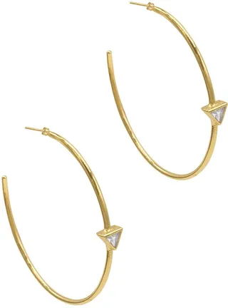 14K Gold Vermeil Crystal Triangle 1.5" Hoop Earrings