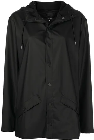Drawstring-Hood Buttoned Rain Jacket