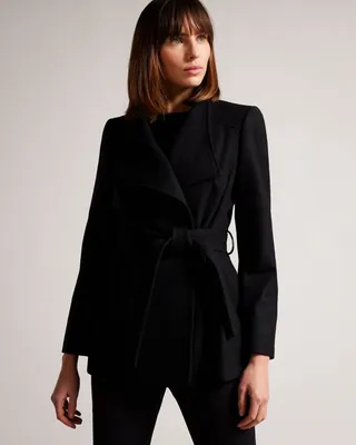 Short Wool Wrap Coat in Jet-Black