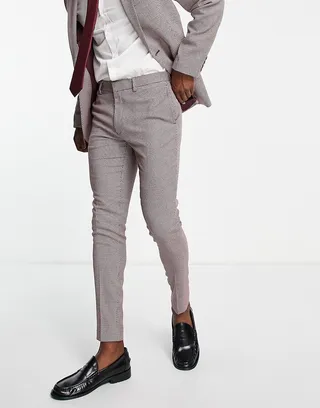ASOS DESIGN wedding super skinny suit pants in wine birdseye texture