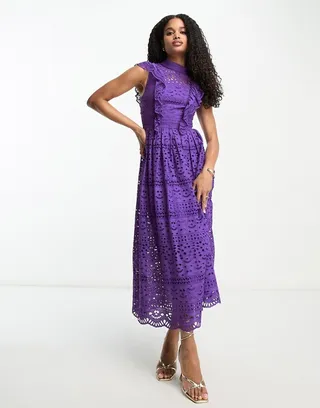 ASOS DESIGN Lace midi dress with bow back detail in purple