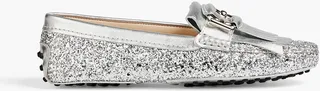 Fringed glittered metallic leather loafers