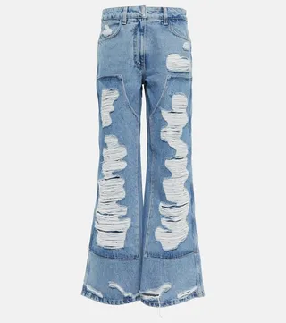 Distressed mid-rise wide-leg jeans