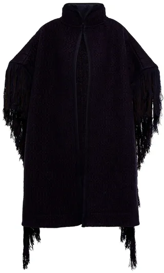 Fringe-trimmed jacquard wool cape