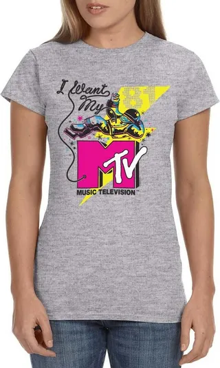 MTV Womens' Music Television I Want My Moonman '80s Crewneck T-Shirt (XX-Large) Grey