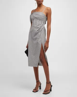 Striped One-Shoulder Midi Dress with Corset Bodice