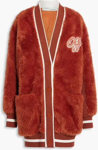 Appliquéd knit-trimmed faux fur cardigan
