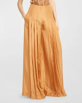 Pleated Wide-Leg Silk Trousers