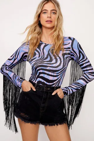 Nasty Gal Womens Animal Print Fringe Sleeve Bodysuit