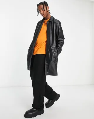 ASOS DESIGN real leather trench coat in black