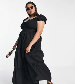 ASOS DESIGN Curve shirred bust midi dress with tiered skirt in black