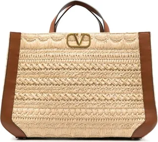 Neutral VLogo Signature Embroidered Raffia Tote Bag