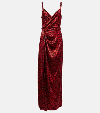Leopard-print silk-blend satin gown