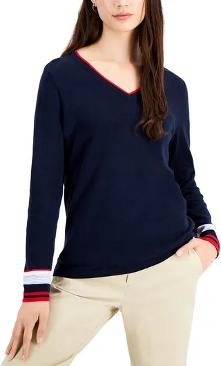 Womens Cotton Striped V-Neck Sweater