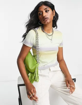 Topshop polyester blend ombre spray stripe baby tee in green - LGREEN