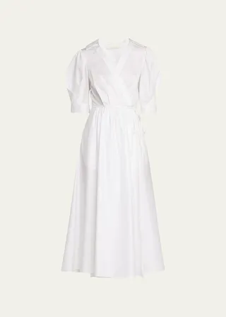 Cotton Sateen Tie-Cuff Midi Shirtdress