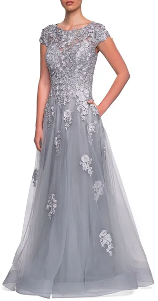 Embellished Mesh A-Line Gown