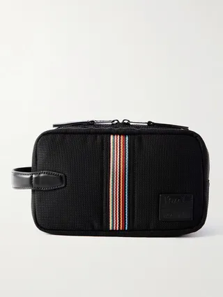 Stripe-Detailed Leather-Trimmed Mesh Wash Bag
