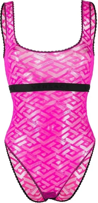 Versace La Greca Scoop Neck Tulle Bodysuit
