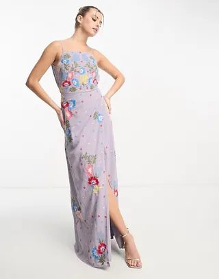 Maya cami maxi dress with wrap skirt and cowl back in lilac