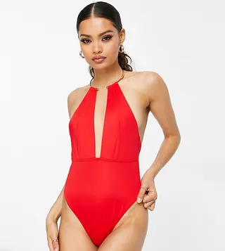 ASOS DESIGN Petite gold necklace trim plunge swimsuit in red
