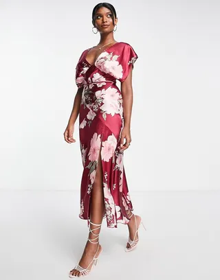 ASOS DESIGN satin batwing midi dress with slit in pink vintage floral